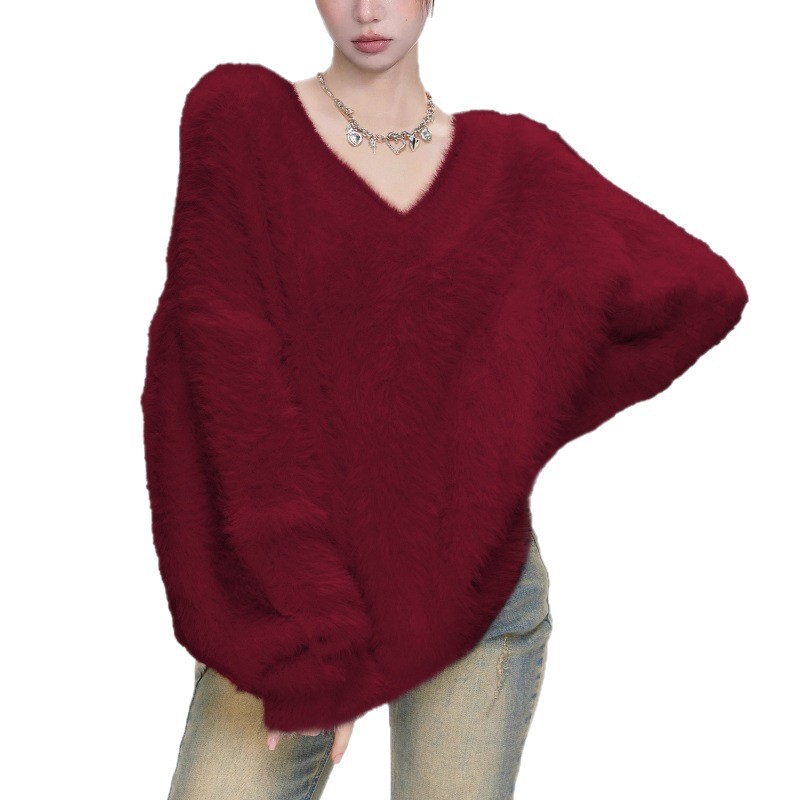 Milk Fufu White Mink Velvet V Neck Pullover Knitwear for Women in Autumn and Winter with Soft and Waxy Lazy Style Loose Knitwear