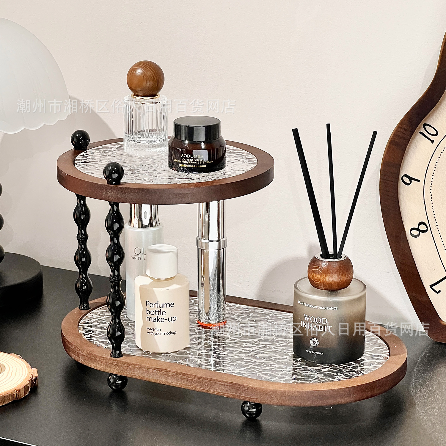 Medieval Style Desktop Cup Solid Wood Double-Layer Storage Rack High-End Light Luxury Home Countertop Particularly Beautiful Entrance Storage