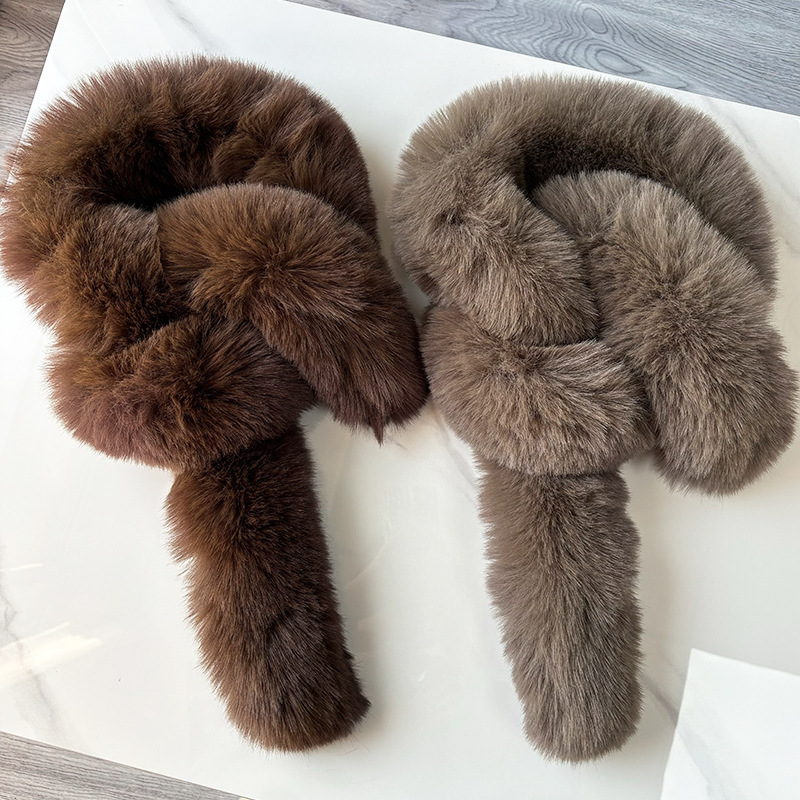 Winter Unisex Versatile Long Plush Warm Scarf Neck Warmer with Fur Collar Double-Sided Thickened Fur Neck Protector