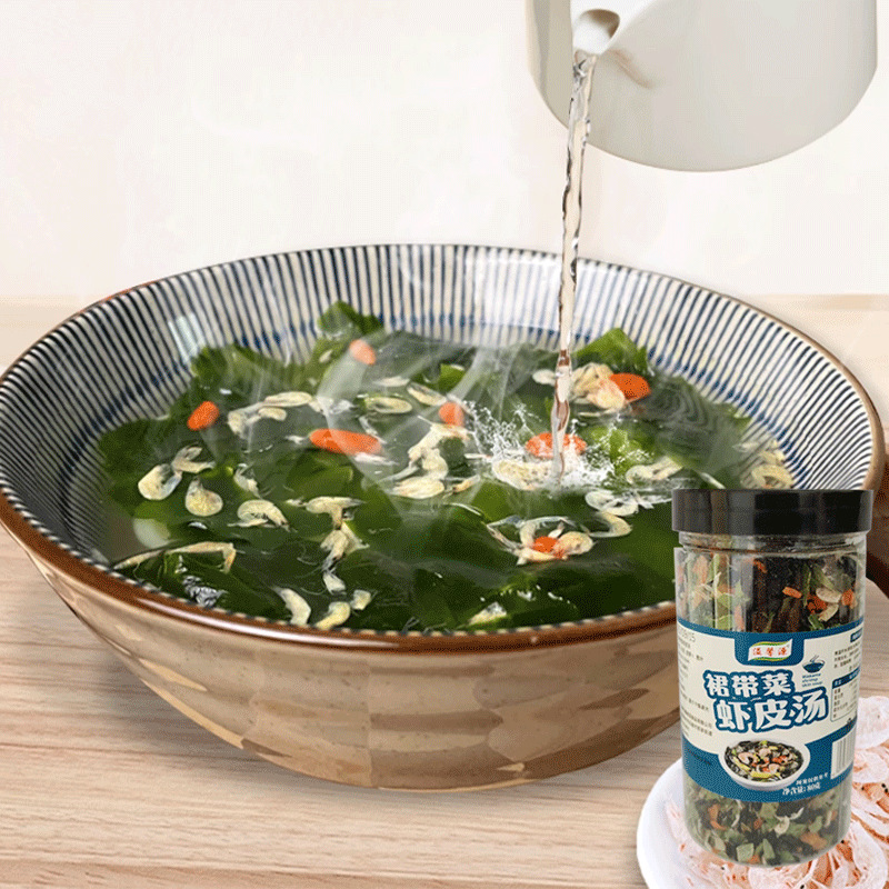 Wakame and Shrimp Skin Soup Ready-To-Eat Home Breakfast No-Cook Instant Soup Ingredients Canned Wakame Seafood Soup