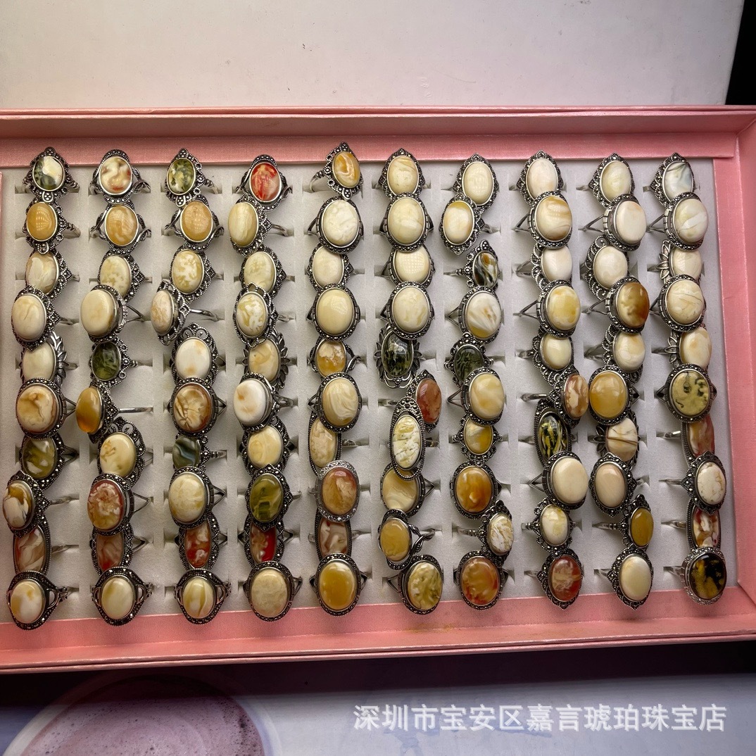 Shenzhen Songgang Factory Source Wholesale Natural Amber Beeswax Devil 925 Silver White Wax Inlaid Ring