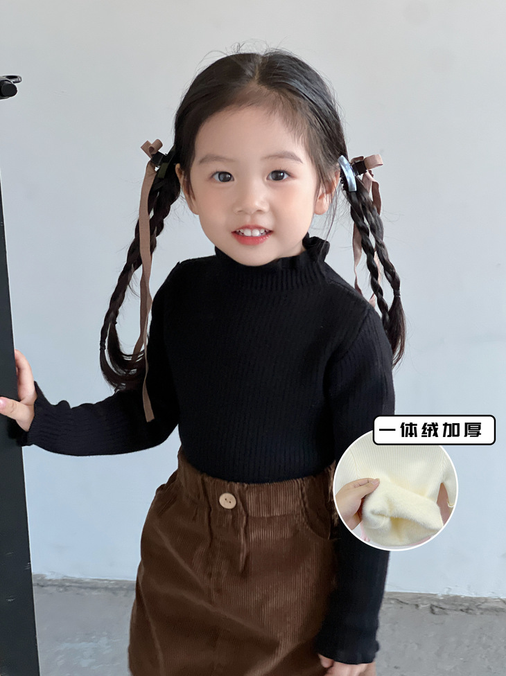 New Autumn and Winter Children's One-Piece Fleece Sweater, Warm Fleece-Lined Knitwear, Korean-Style Lace Collar Base Shirt, Children's Clothing for Babies