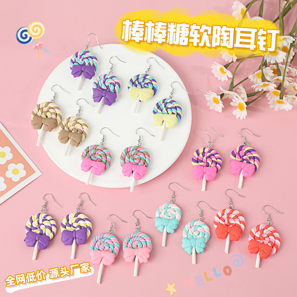 Colorful Bow Lollipop Ear Hooks Artificial Food Toy Cream Glue Soft Pottery Earrings Little Girl Sweet Earrings Jewelry