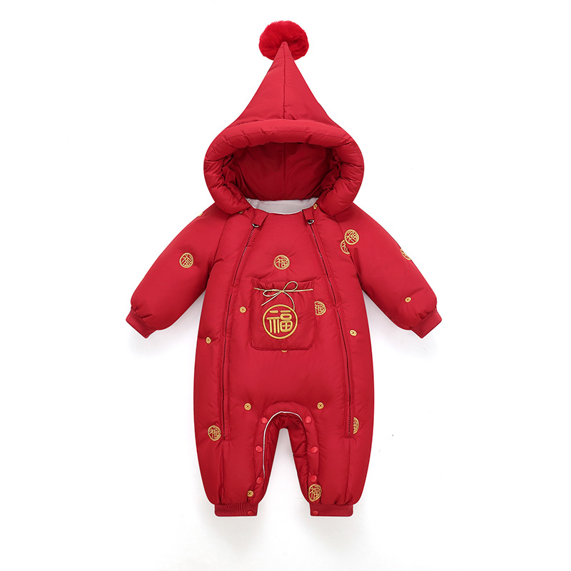2025 Комбинезон для мальчиков и девочек, детская пуховка, утепленный костюм для новорожденных, красный новогодний комплект