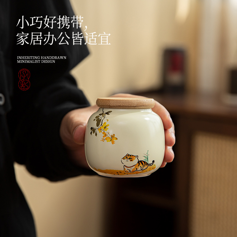 Moe Cat Ceramic Tea Cans Small Cans Portable Car Carry-on Storage Tea Cans Moisture-proof Sealed Tea Storage Cans Tea Cans