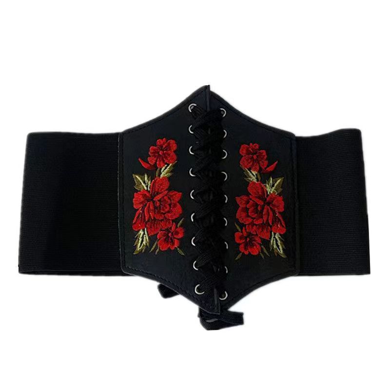 European and American Style Women's Palace-Style Shapewear Belt with Embroidered Rose Bouquet, Paired with a Dress and Wide Waist Belt