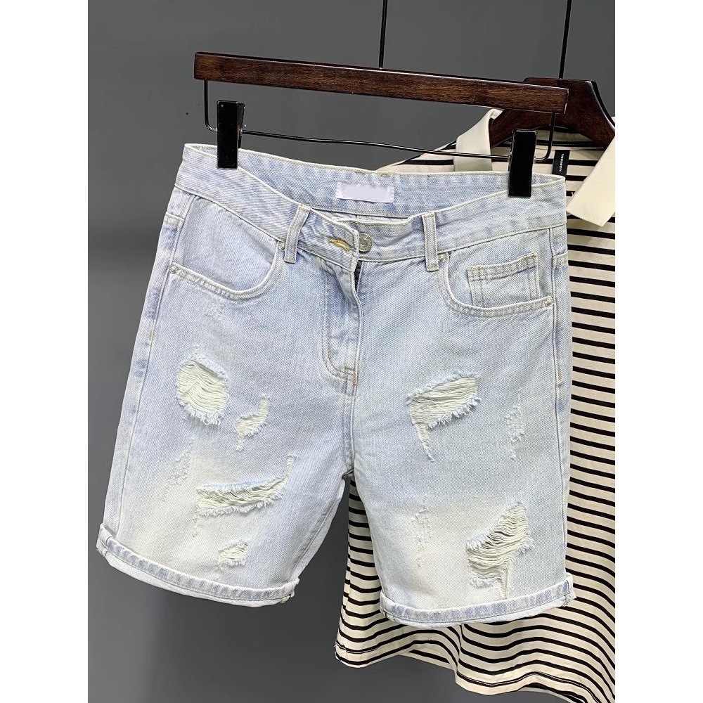 American Retro Denim Shorts Men's Summer Ripped Loose Trendy Brand Classy Light-Colored Large Size Outer Wear Mid-Length Pants