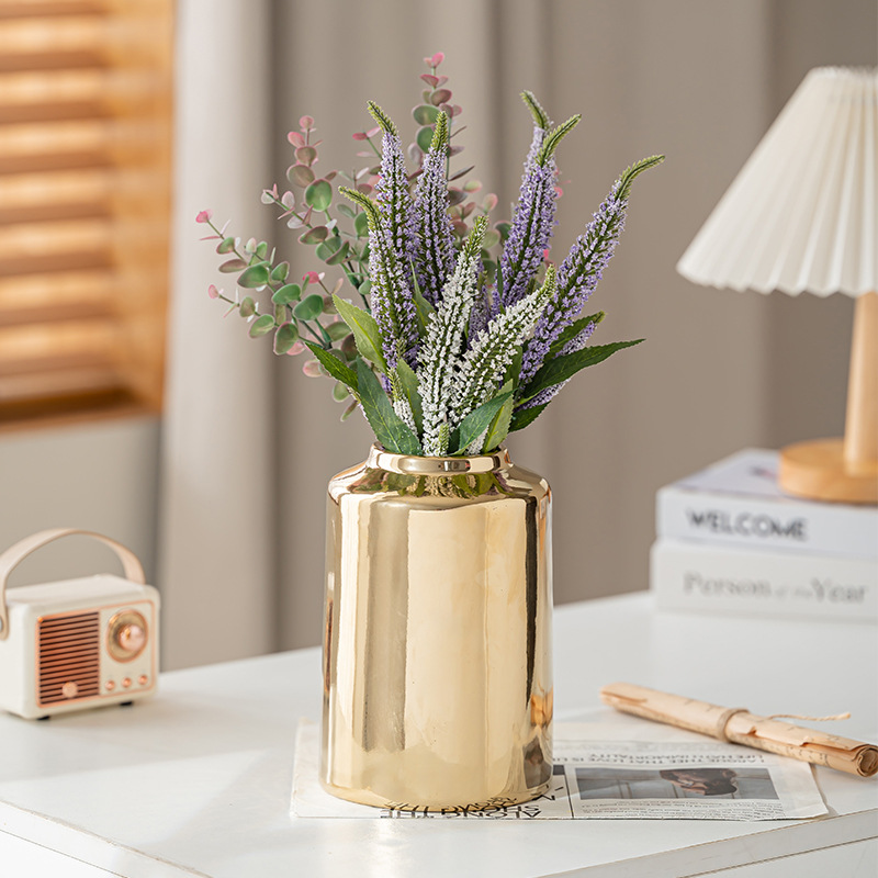 Electroplated Gold Ceramic Vase, High-End, Light Luxury, Asymmetrical Retro Scandinavian Living Room Desktop Flower Arrangement Decorative Ornaments
