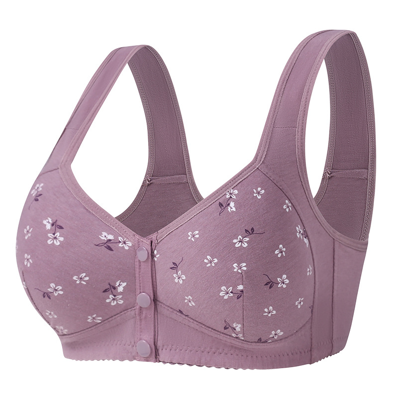 Front Buckle Middle-aged and Elderly Underwear Moulding Cup Women's Printed Non-steel Ring Wide Shoulder Strap Vest Style New plus size Text Bra