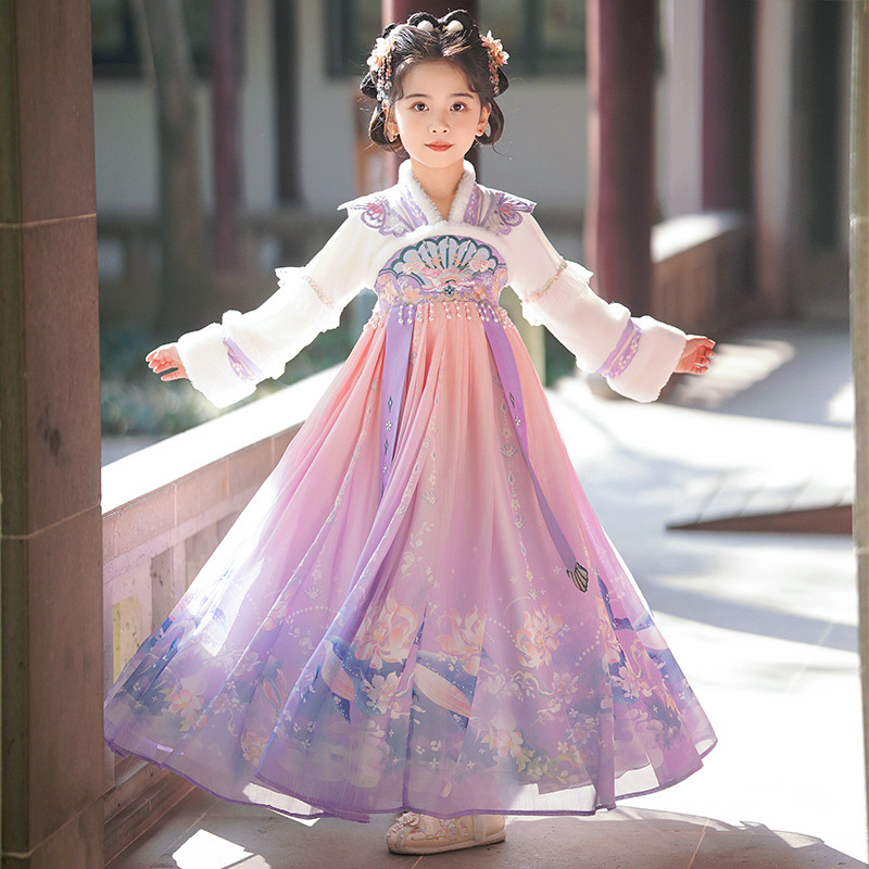 Han Dynasty Girls Autumn and Winter 2025 New Style Princess Dress Fleece-Lined Kidsren's Chinese Style Tang Suit Girl Skirt