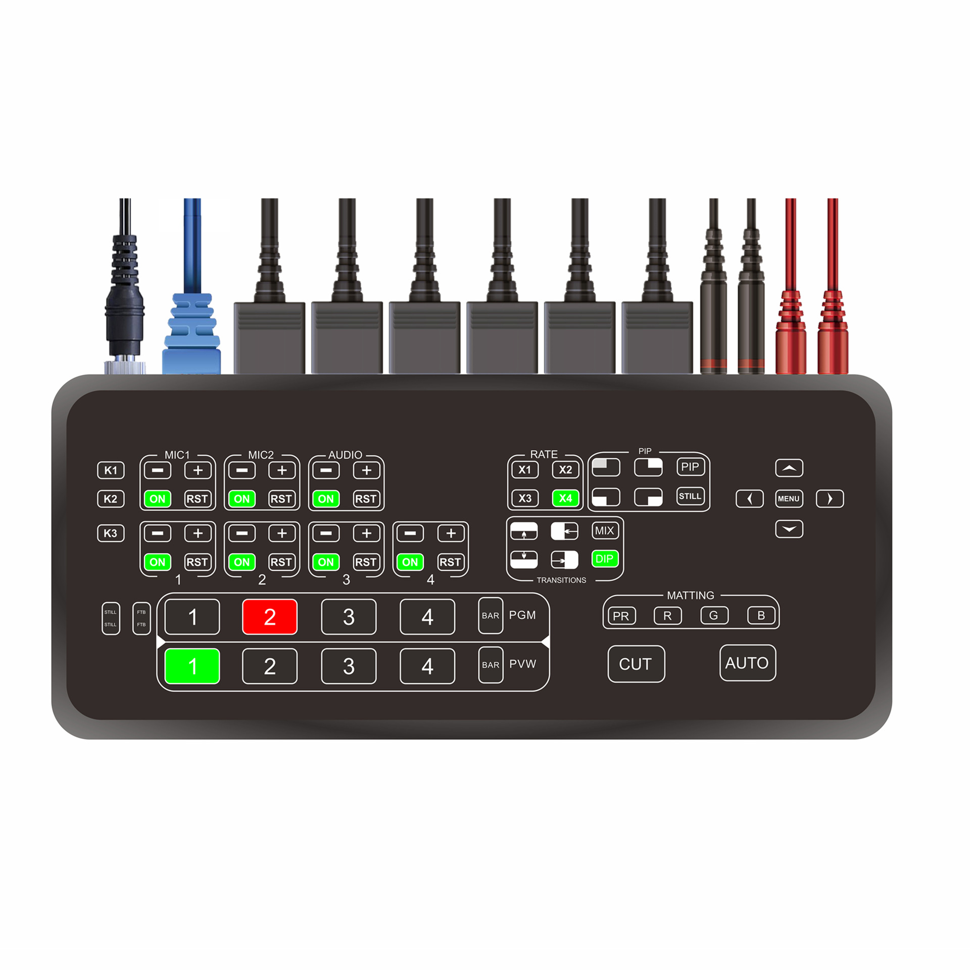 The Four-Channel HDMI Switcher Supports Rgb Three-Color Background Keying, Live Streaming, Video Recording, Video Conferencing and Other High-Definition Live Broadcasts
