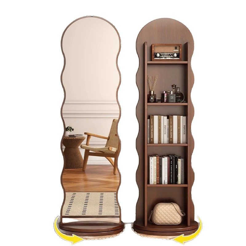 Wave-Shaped Rotating Dressing Mirror, Standing Movable Full-Length Floor Mirror, Bookshelf Storage Fitting Mirror, Floor-Standing Full-Length Mirror