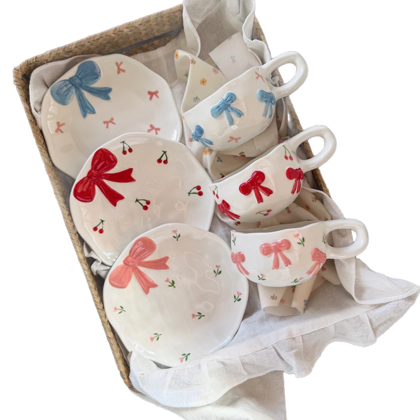 Korean Ins Style Embossed Handmade Bow Ceramic Coffee Cup and Saucer Hand-Kneaded Asymmetrical Cup and Saucer Dessert Plate