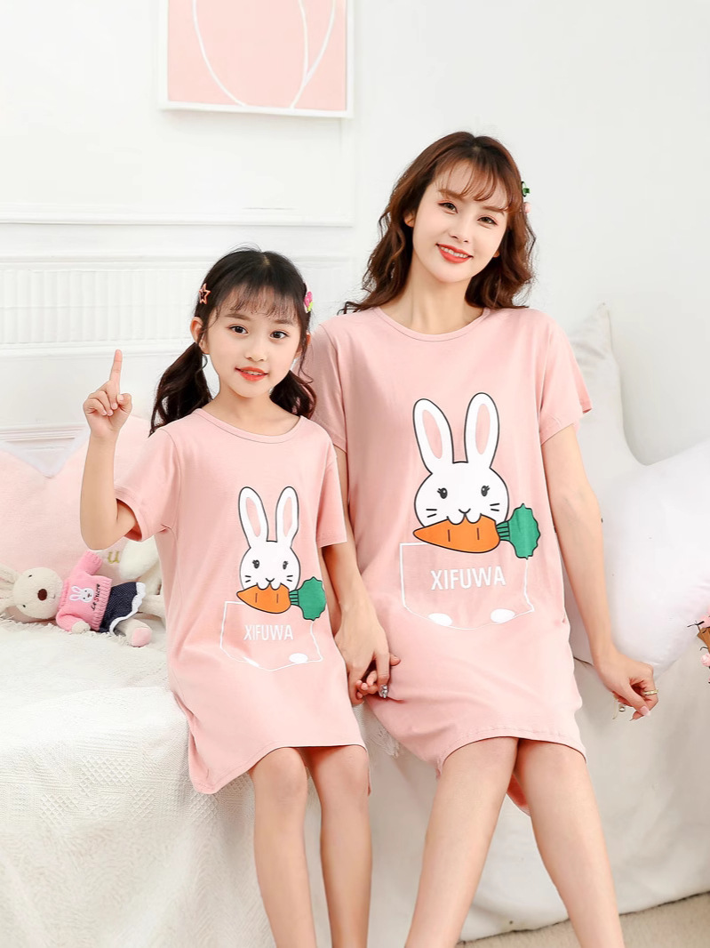 Children's Home Clothes Summer Thin Girl's Little Girl's Cute Cartoon Short-sleeved Pajamas Pure Cotton Parent-child Loose Nightgown