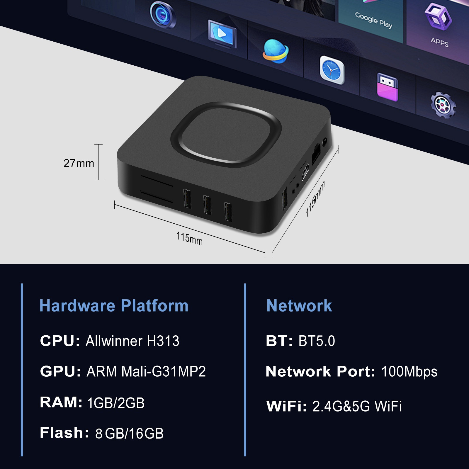 Onn Tv Box Android Network Set-Top Box Quanzhi H313 Video Player Tvbox Smart Tv Box