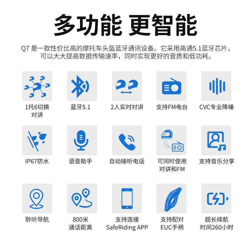 Ejeas Manufacturer Two-Person Switching 7-Person Connection All-Dual Motorcycle Helmet Bluetooth Walkie-Talkie Q7 Single Package