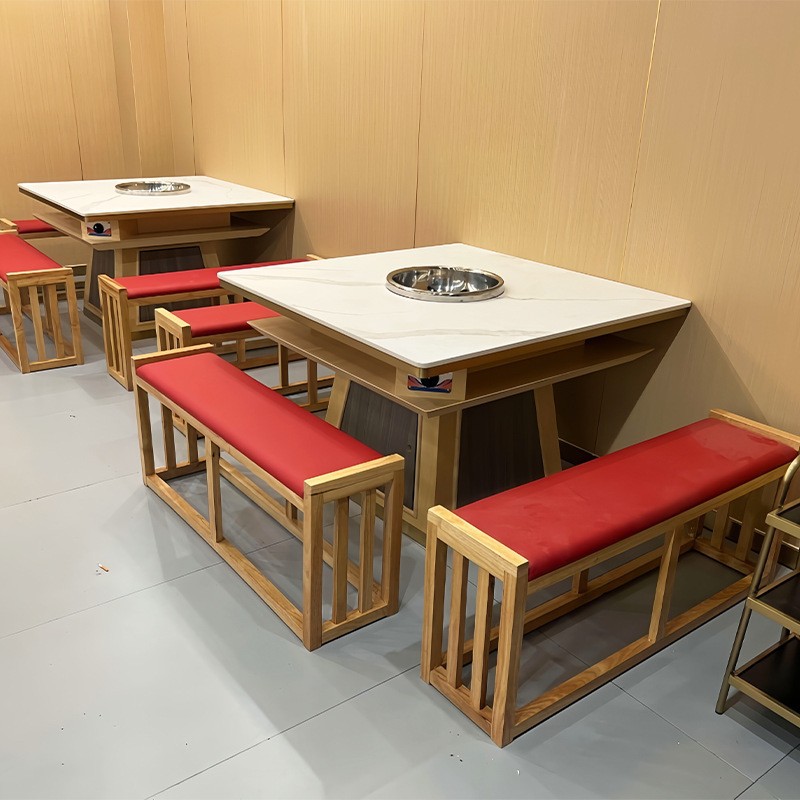 Solid Wood Hot Pot Table Induction Cooker Integrated Barbecue Meat Table Commercial Catering Slate Marble with Turntable All Solid Wood