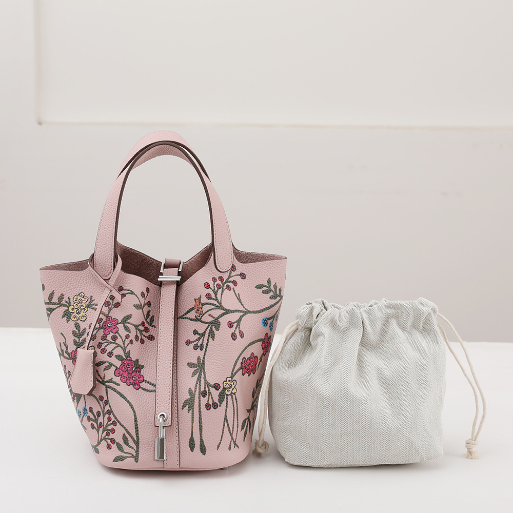 Top Layer Togo Cowhide Painted Vegetable Basket Women's Handbag Genuine Leather Leaf Women's Bucket Bag