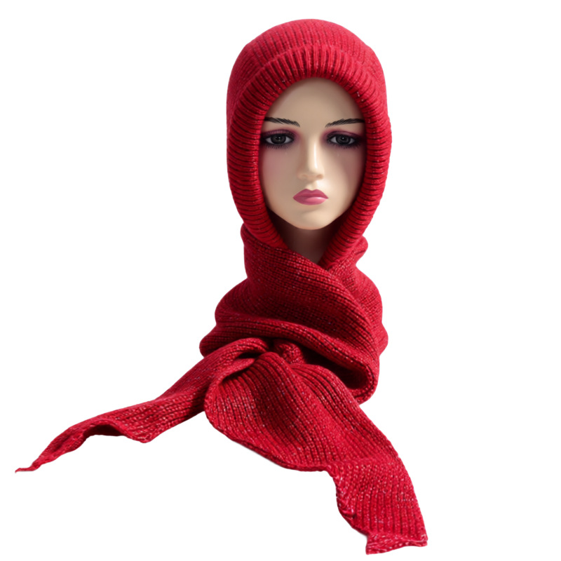 Korean Style Outdoor Red Raffia Hat for Women, Autumn and Winter Fashion Scarf Integrated Hood, Lazy Style Outerwear Warm Shawl Hat