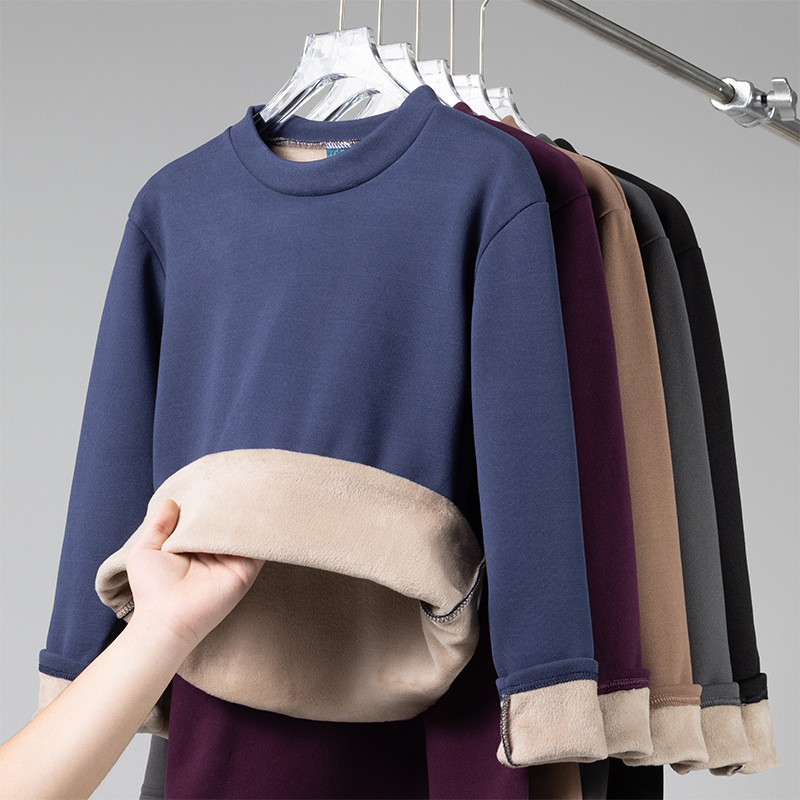 Теплая толстовка с флисовой подкладкой осень-зима 2025 полувысокий воротник длинный рукав базовая футболка для мужчин одежда для молодых и средневозрастных мужчин термосвитшот