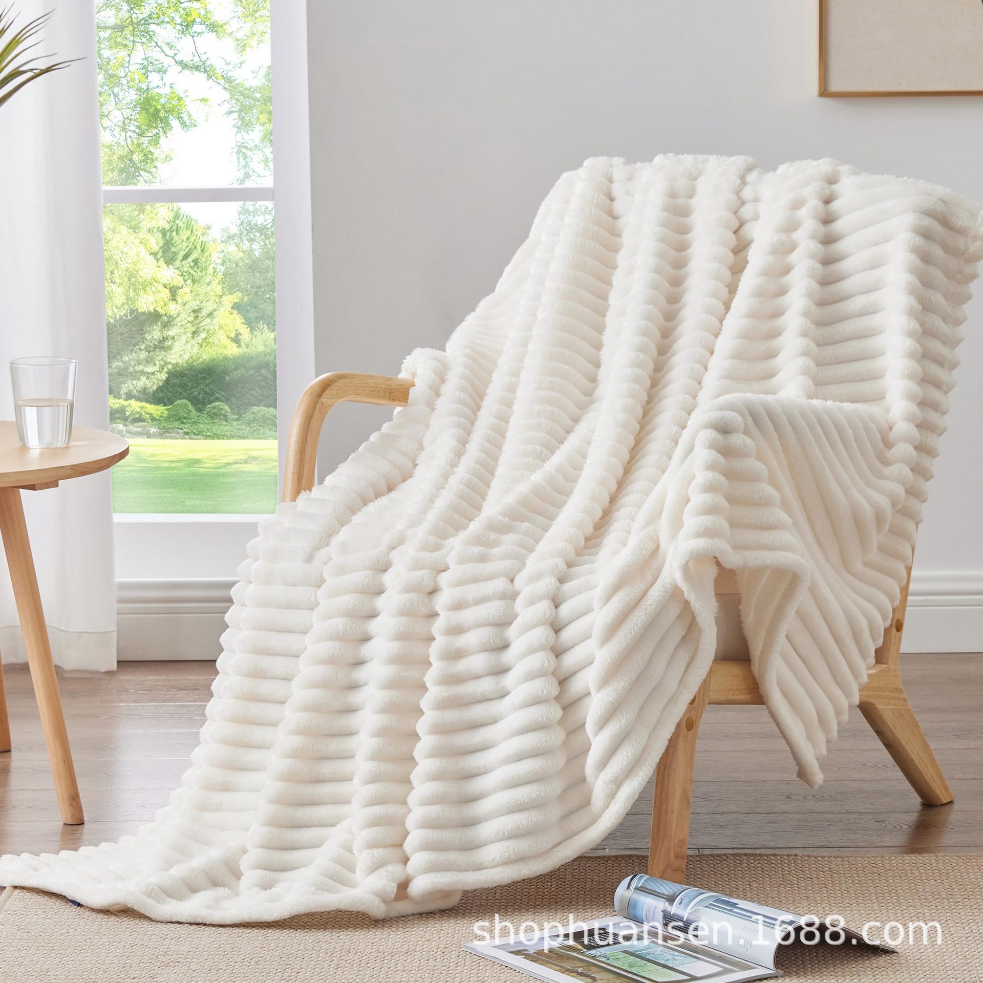 Blanket for Sofa - 300 Gsm Soft Warm Stuffed Cream White Striped Decorative Blanket