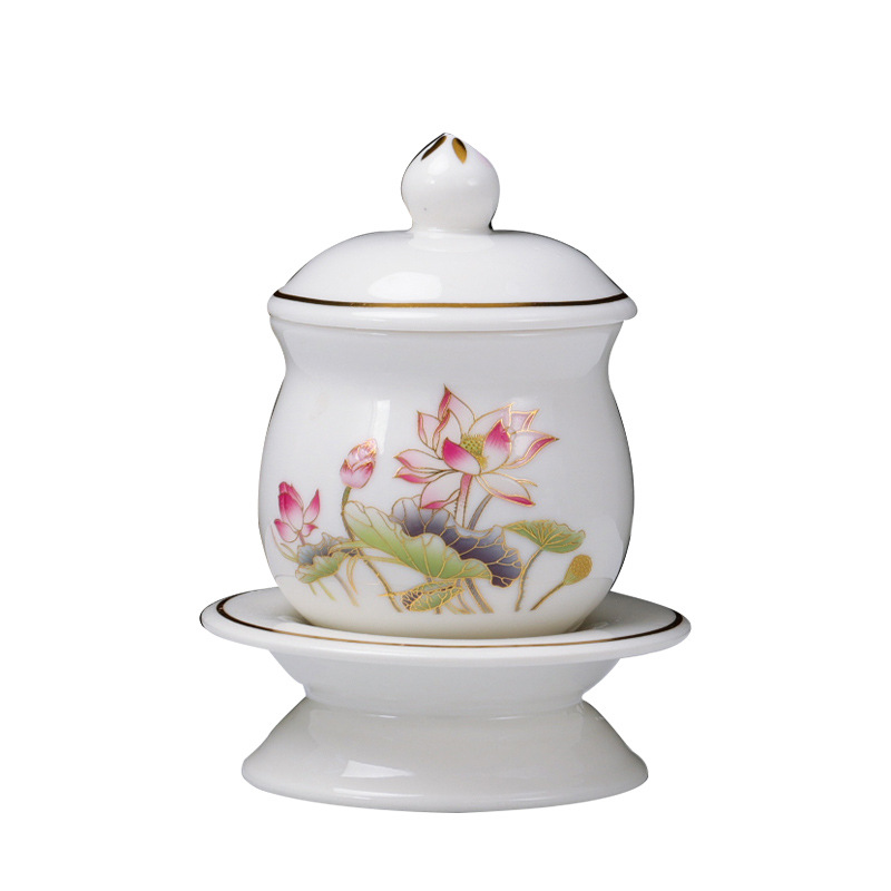Painted Ceramic Lotus Supply suit Monastery Household Buddha Ritual Fruit Plate Water Supply Cup Buddha Hall Tribute Ornaments Wholesale