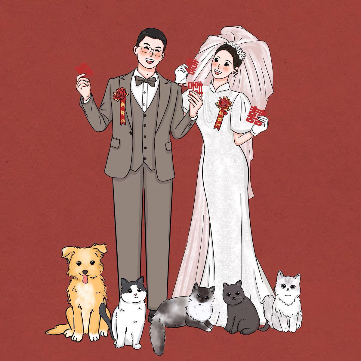 Hand-Painted Design Wedding Avatar Customized Cute Cartoon Ins Style Couple Q Version Anime Comic Commission Real Photo