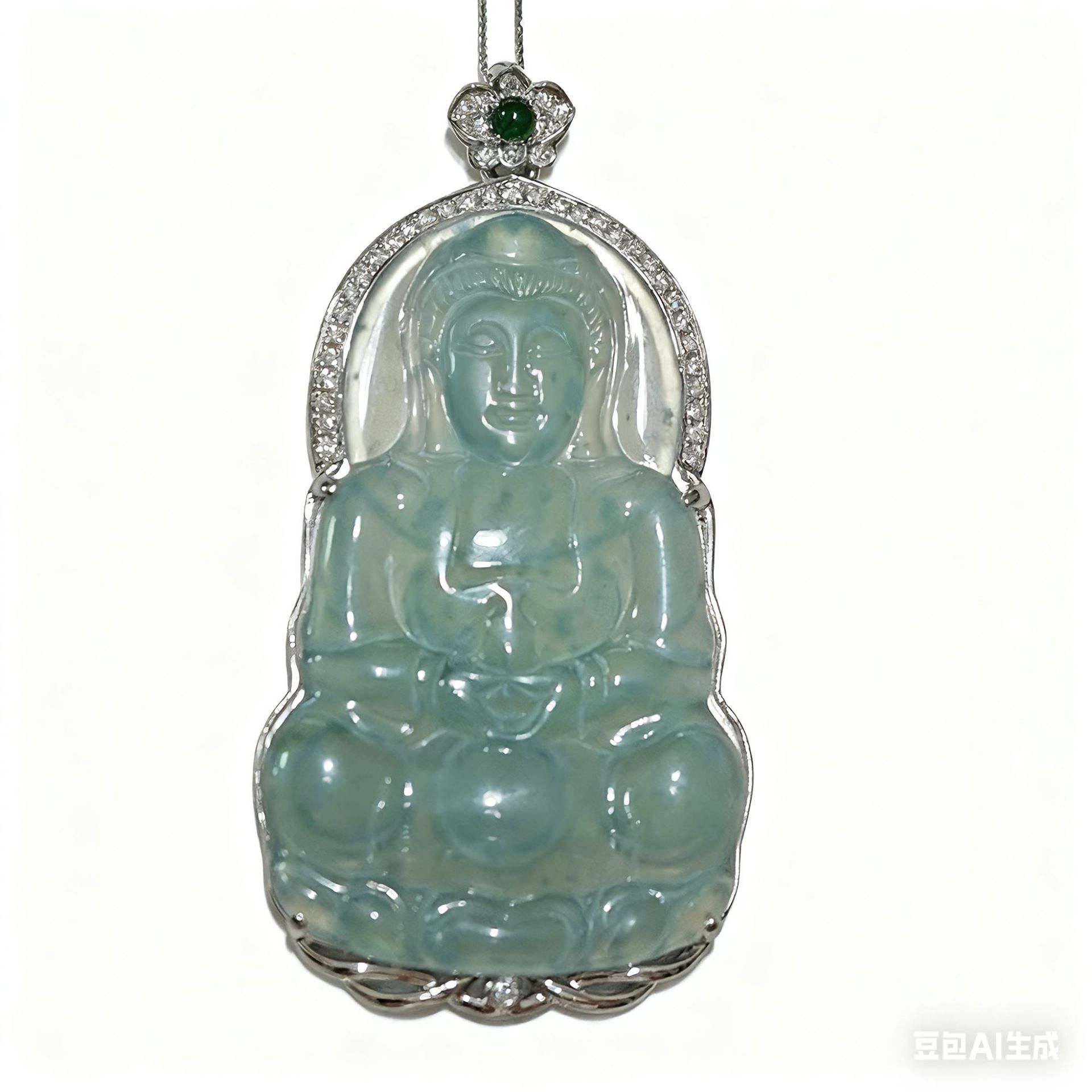 Platinum Pt950 Cultivated Diamond Jade Guanyin Inlaid Full Diamond Pendant
