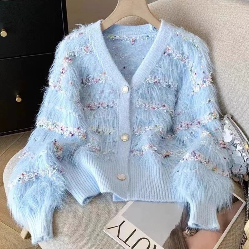 Популярный вязаный жакет из имитации мускусного велюра с цветными точками на осень и зиму 2025 года, кросс-бордерный ленивый стиль, кардиган с V-образным вырезом, модный мягкий восковой свитер