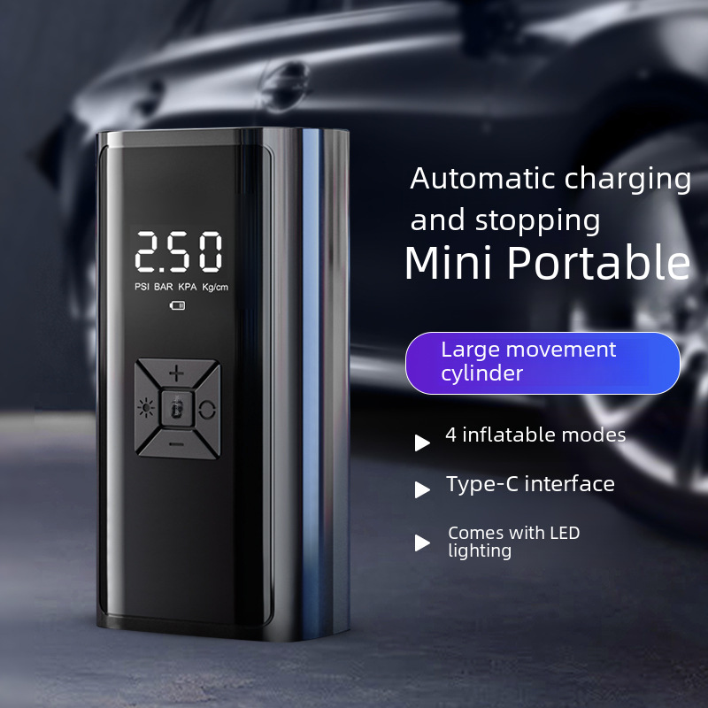 Portable Air Pump for Car and Motorcycle Tires, Wireless Charging, Digital Display, Automatic Start-Stop, Electric Vehicle Air Pump