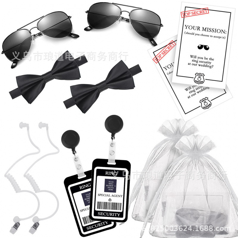Cosplay Secret Agent Costume Security Baseball Cap Black Sunglasses Work Id Earplugs Set
