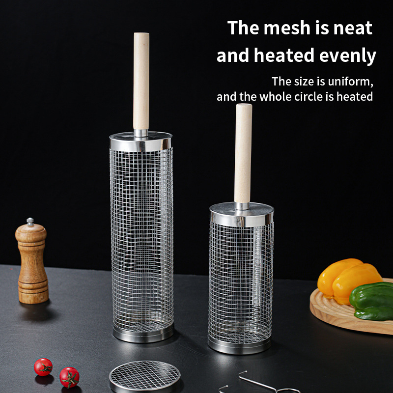 Rolling barbecue cage with wooden handle outdoor BBQ barbecue basket 304 stainless steel barbecue tube barbecue net cross-border non-infringement