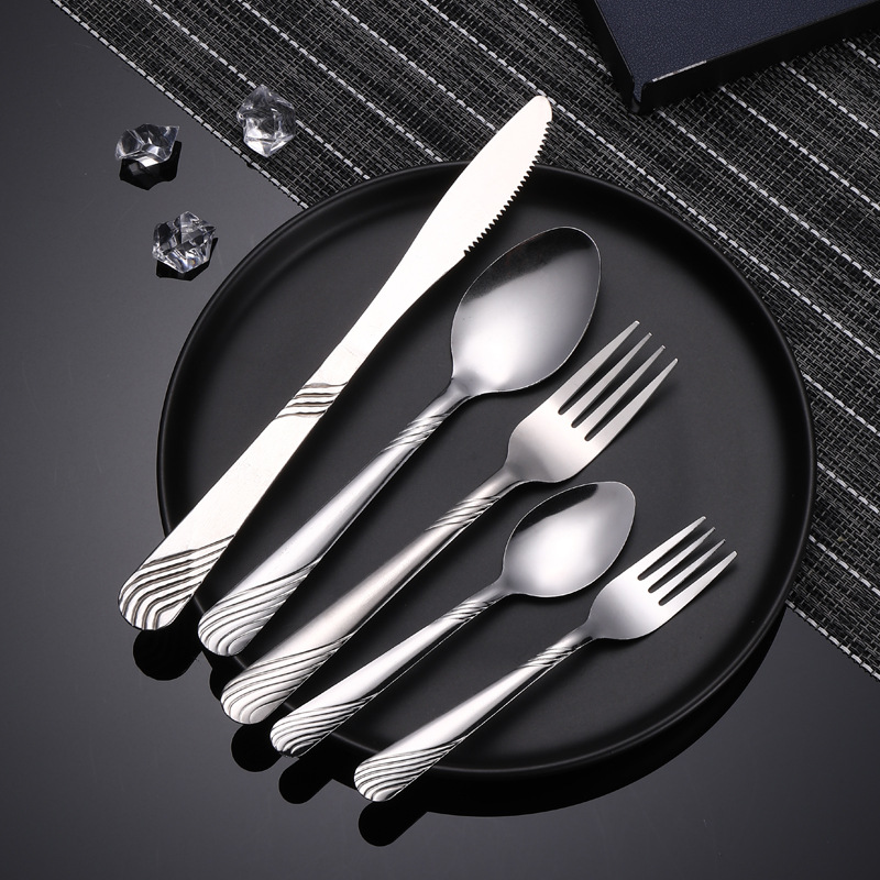 Wholesale creative pattern bead point stainless steel knife and fork spoon 5 piece set steak knife fork spoon hotel tableware set