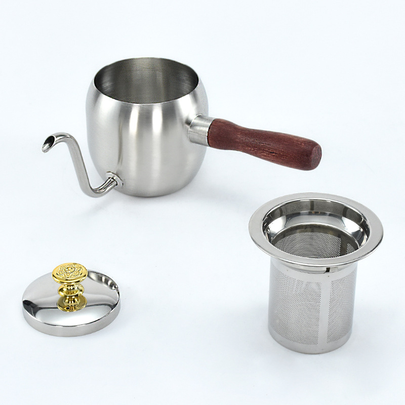Cross-border supply of 304 stainless steel wood grain hand-made pot novel wood grain handle ear-hung long mouth with leaking hand-made coffee pot