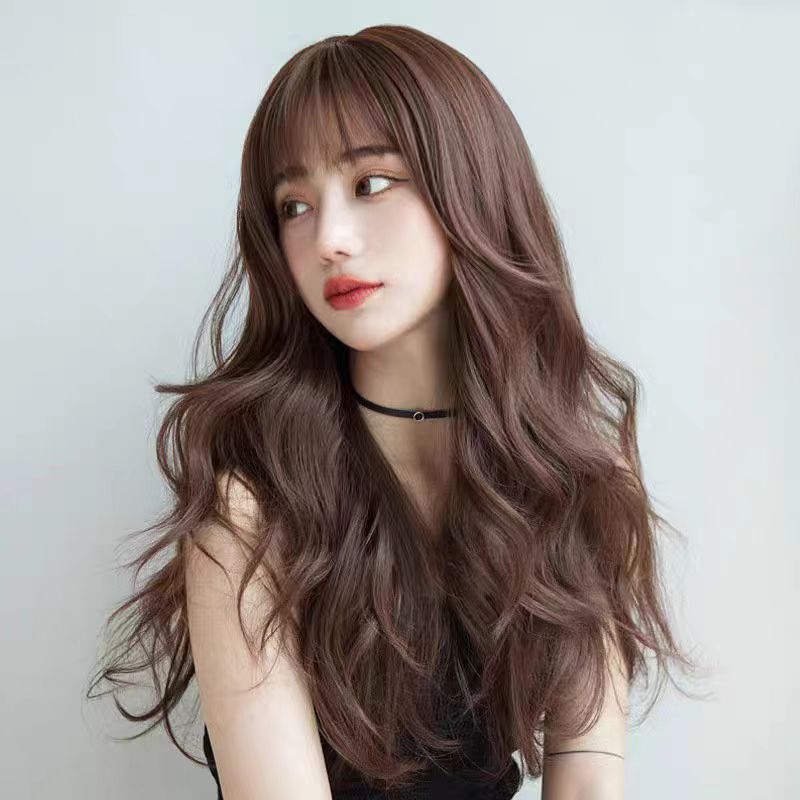 Cross-Border New Japanese and Korean Air Bangs Long Curly Hair Big Wave Wig High Temperature Silk Simulation Wig Full Headgear Ready for Sale