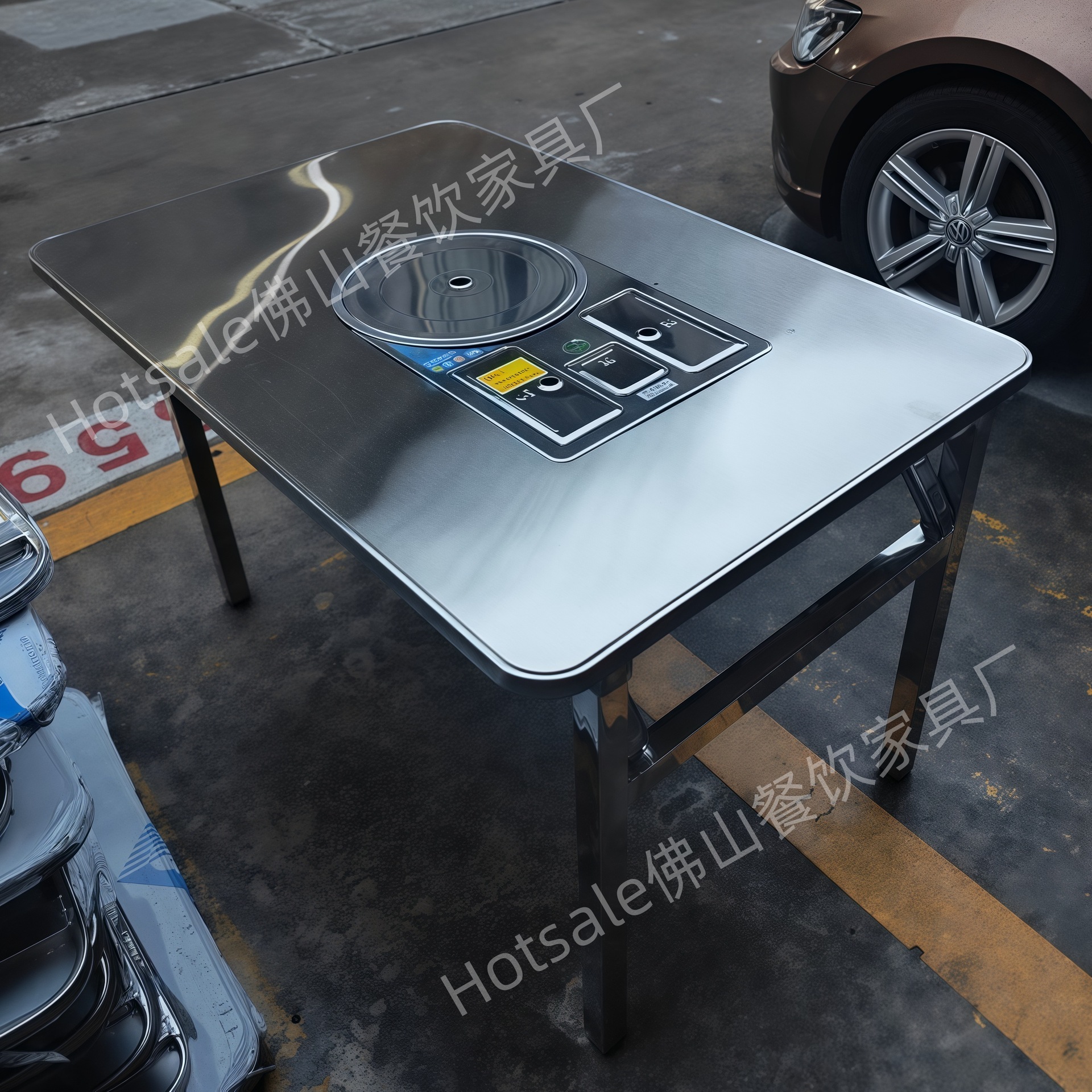 Stainless Steel Hot Pot Table Barbecue Table Commercial Foldable Table Small Round Table and Chairs Gas Flameout Protection Built-In Cassette Stove