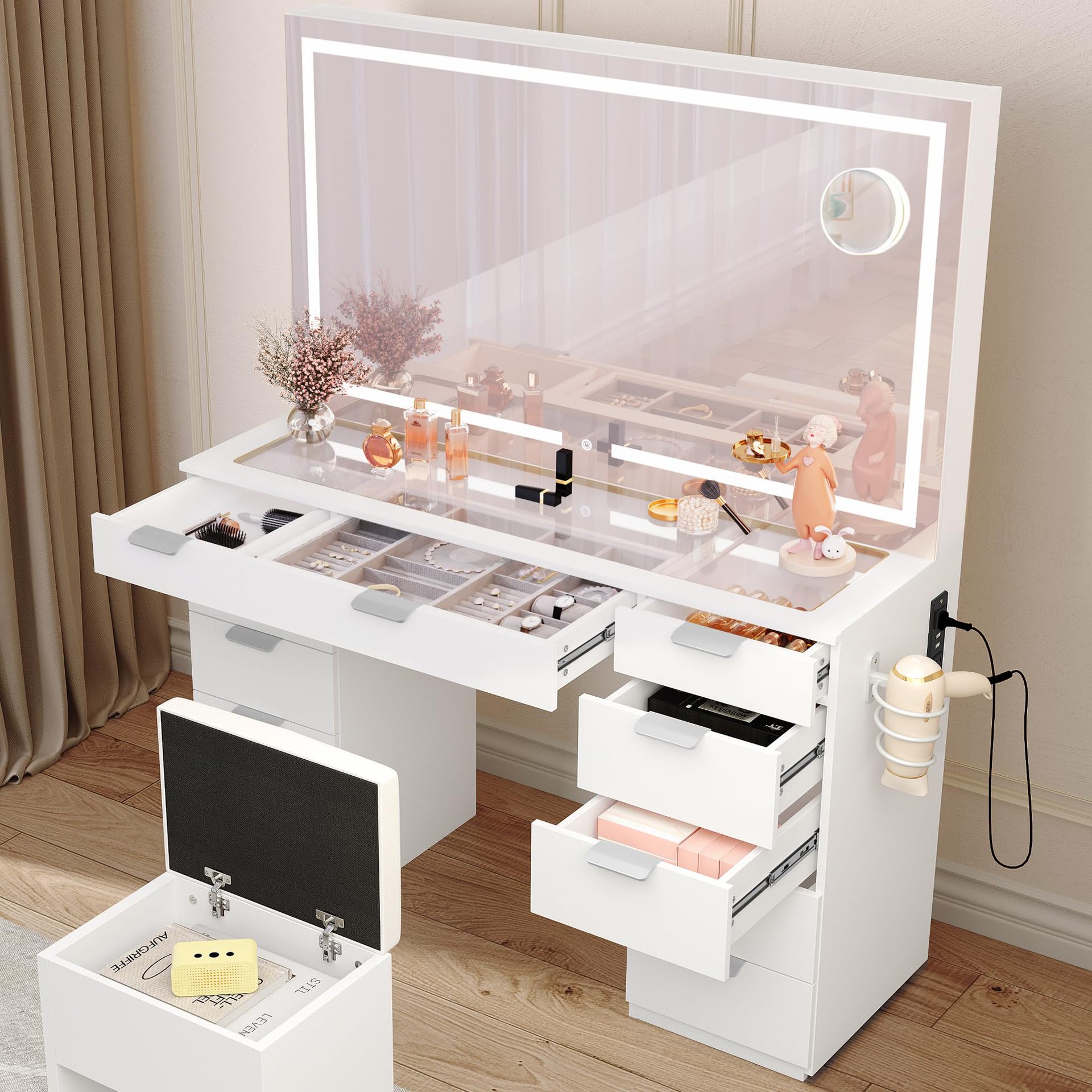 Foreign Trade Modern Minimalist Dressing Table Set Led Lighting Mirror and Power Socket, Dressing Table with Drawer