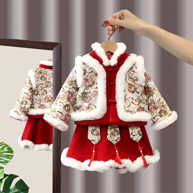 Детская зимняя одежда ханьфу Новый год Одежда для детей Китайский стиль Год дракона Таньский костюм Платье на новогоднюю ночь для малыша одного года