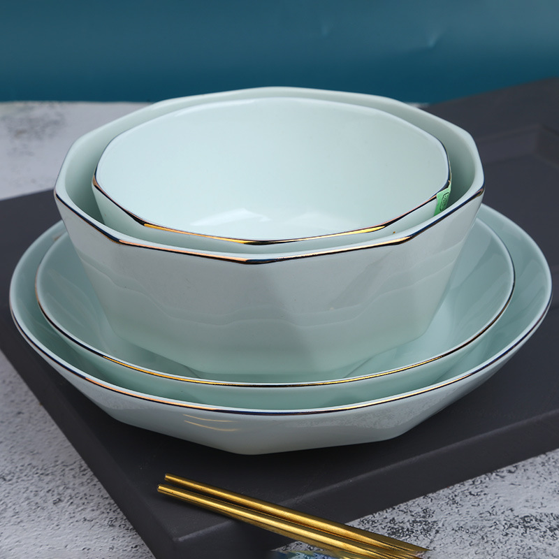 Blue Gold Series Ceramic Light Luxury Tableware Household Rice Bowl Neem Bowl Gold Ceramic Tableware Green Glazed Porcelain Bowl Set