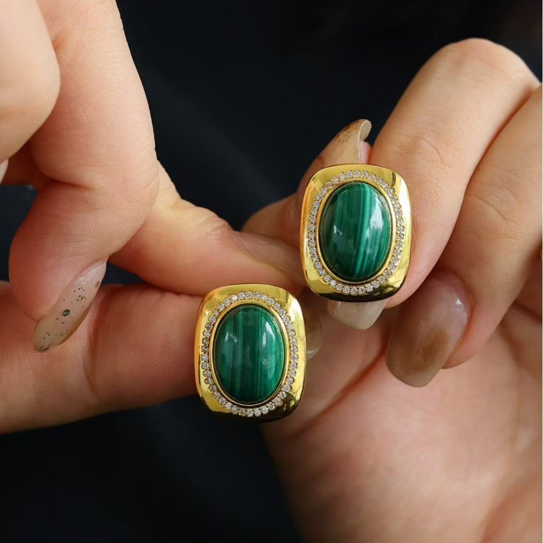 Серьги из натурального малахита, стерлинговое серебро, средневековый винтажный стиль, европейский и американский ретро, элегантный и простой дизайн