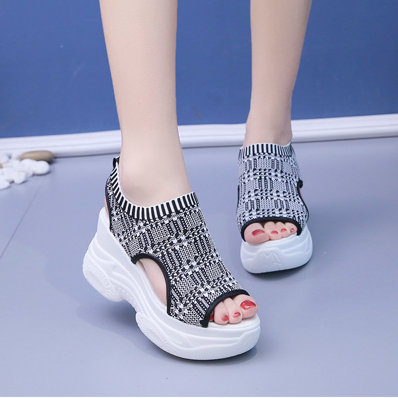 Popular Summer New Knitted Fish Mouth Shoes, Fairy Style Platform Soles, High Heels, Fly Woven Wedge Heels, Thick Soles, Sports Women's Sandals