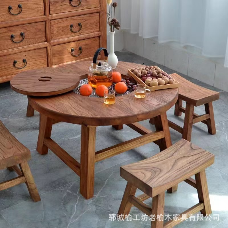 Чайный стол из старого вяза, маленький круглый стол для барбекю на балконе, столик для пикника на открытом воздухе