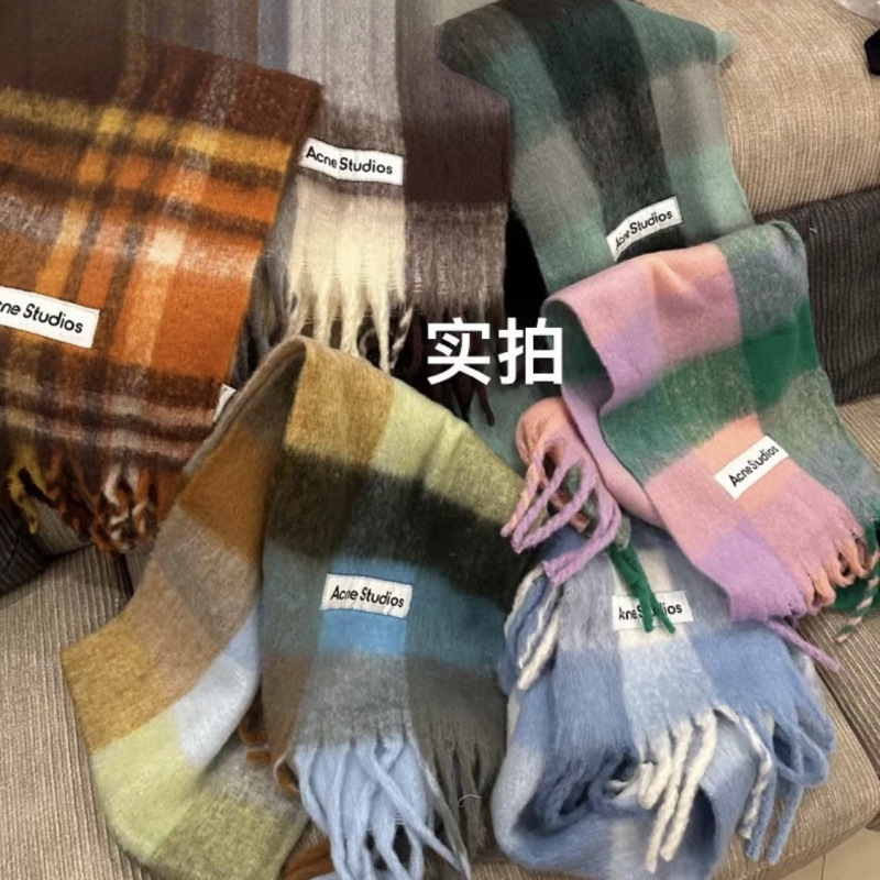 New Autumn and Winter Thickened Warm Rainbow Plaid Scarf European and American Style Loop Yarn Thick Tassel Color-Blocked Shawl