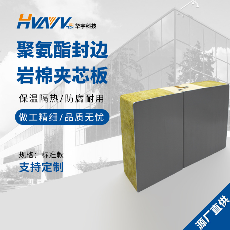 Factory Direct Sales Polyurethane Edge-Sealed Rock Wool Composite Board Fireproof Waterproof Insulation Exterior Wall Sandwich Panel