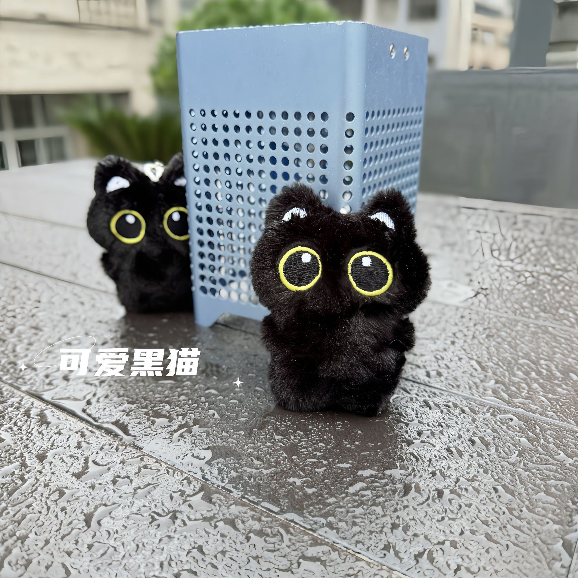 Explosive Big Eyed Black Cat Plush Doll Pendant Cute Squeaking Black Kitten Bag Keychain Pendant
