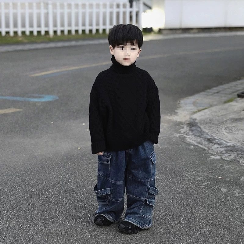 Children's Sweater Boys Girls Thickened Autumn Winter Turtleneck Knitwear New Solid Color Cable Knit Baby Knit