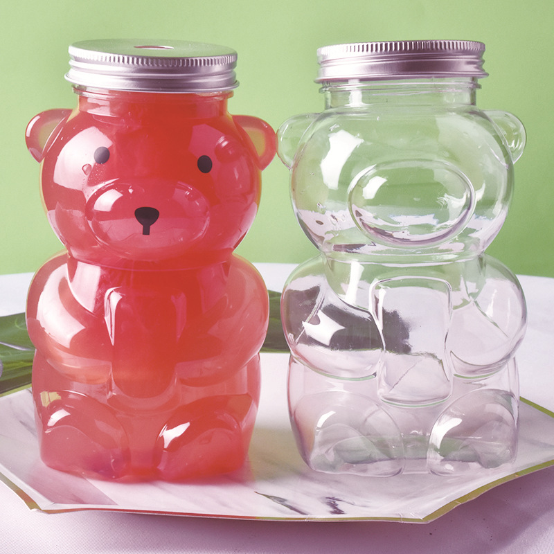Заводская готовая пластиковая бутылка с медвежонком, стакан для молочного чая, одноразовый стакан для домашних напитков, стакан с агрессивным медведем