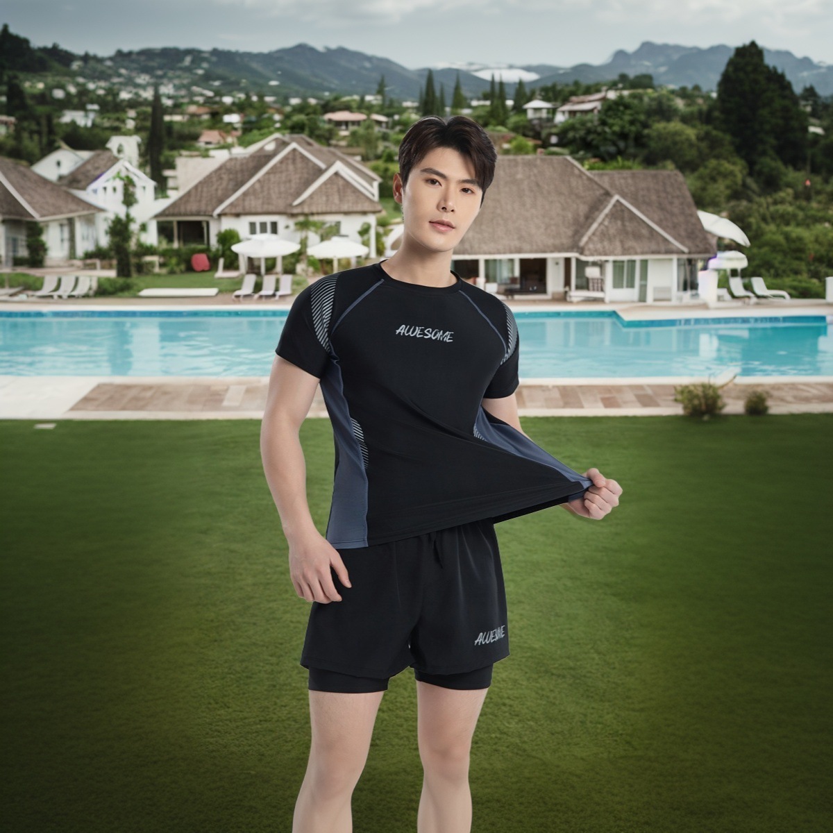 2025 New Men's Swimwear Swimming Top Quick-drying Short-sleeved suit Sun Protection Clothing Letter Simple Loose Double-layer Pants