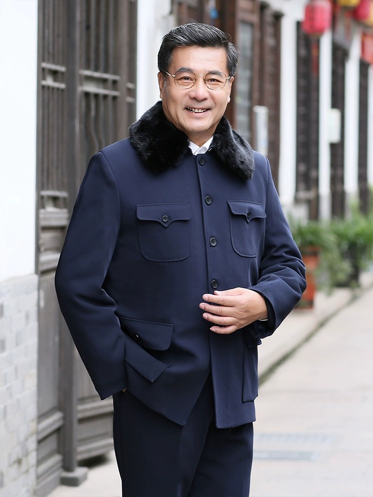 Men's Zhongshan Suit Jacket Set Dad's Zhongshan Suit Elderly Clothing Ethnic Attire Autumn and Winter Fleece-Lined Cotton Men's Clothing