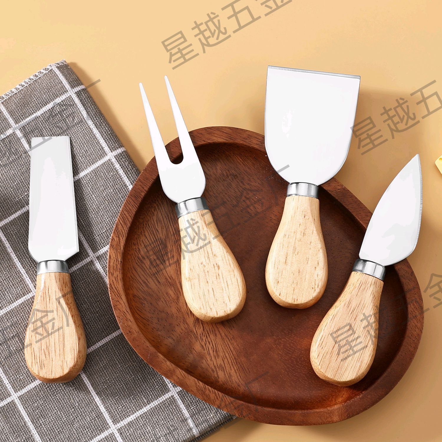 Набор из 4 предметов, нож для сыра из нержавеющей стали, деревянная ручка, нож для пиццы, вилка, лопата